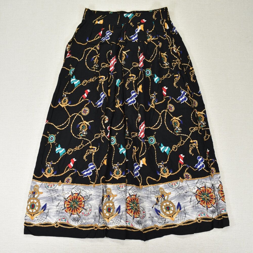 Vintage Kathie Lee Nautical Midi Skirt Size 8 Black Gold Chain Anchor USA Made